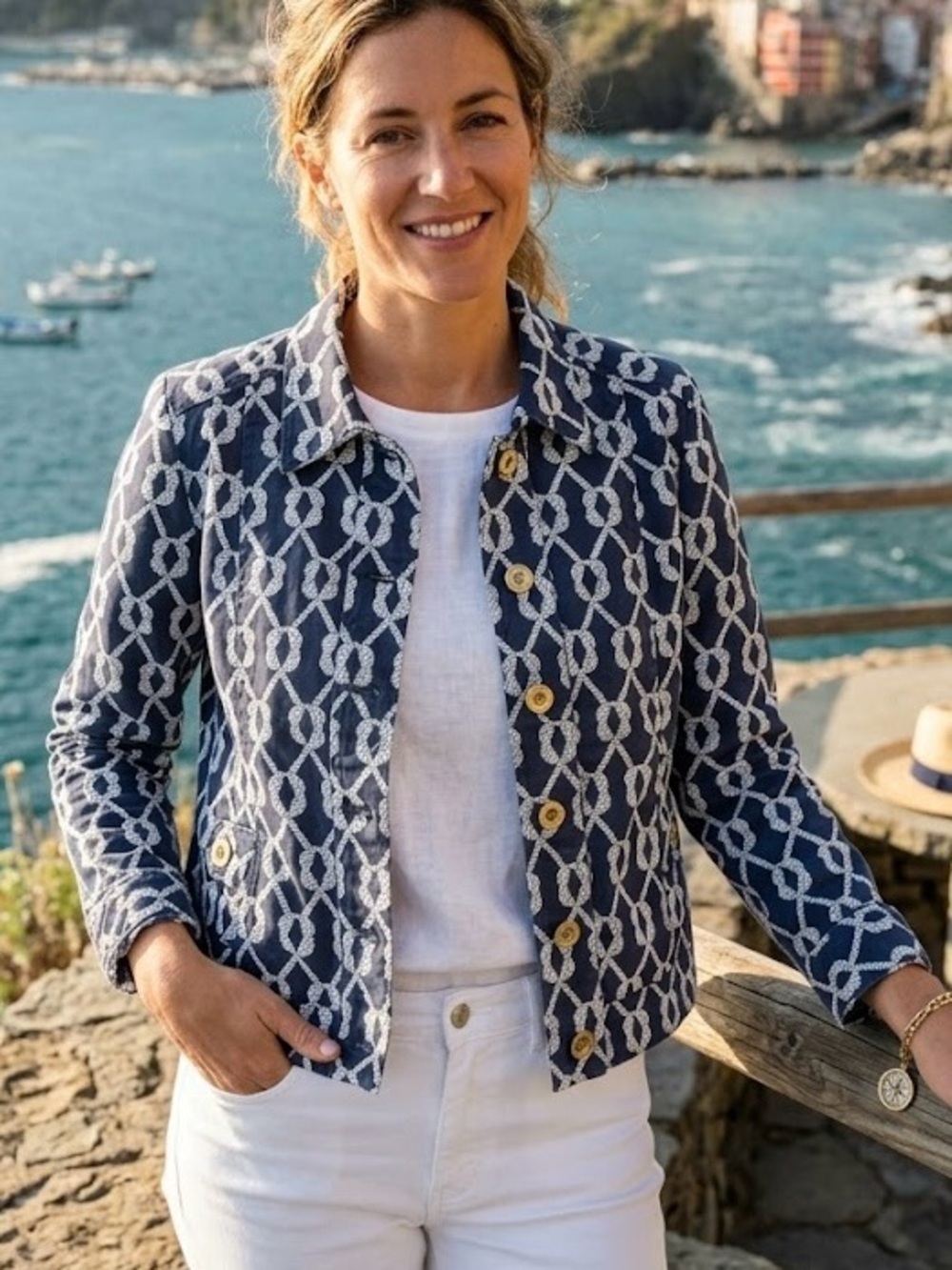 Alia Petite Navy Blue Nautical Rope Print Button-Front Jacket Maritime Yacht